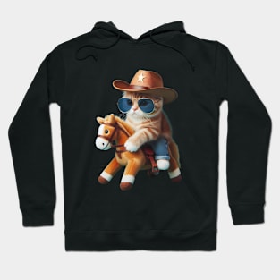 A cat wearing sunglasses and a cowboy hat riding a toy horse Hoodie